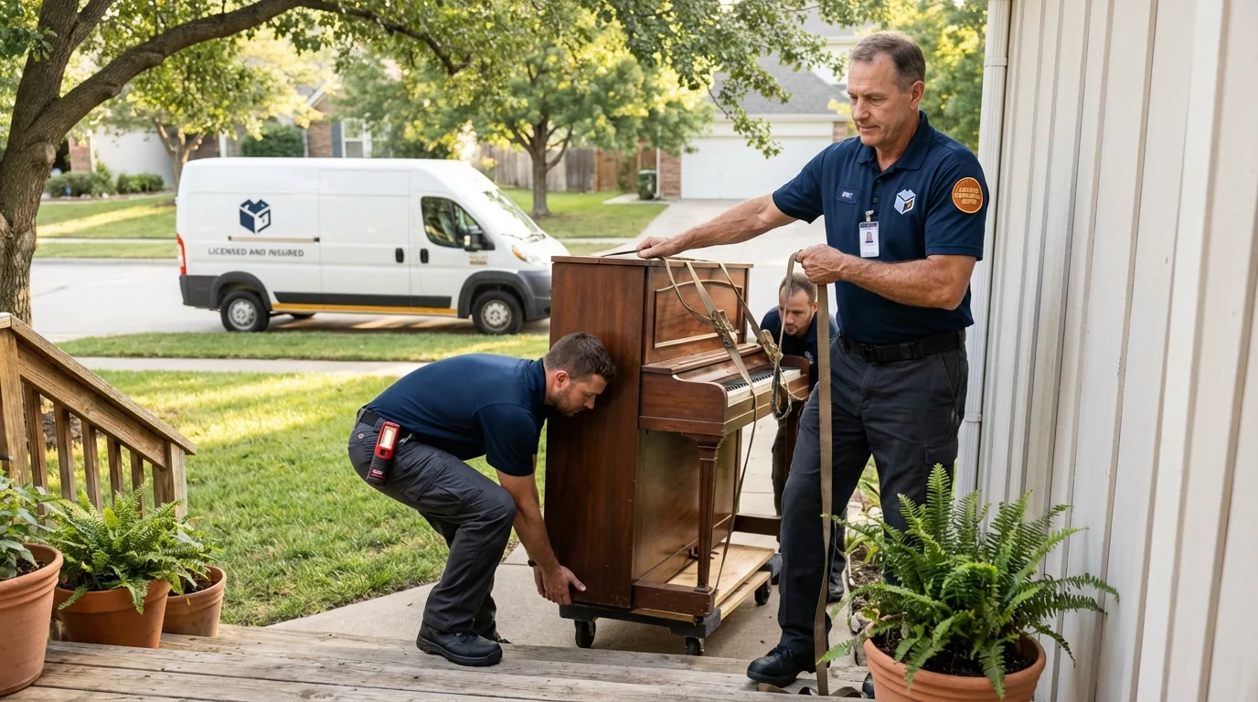 Licensed piano movers securing grand piano in Warren, MA