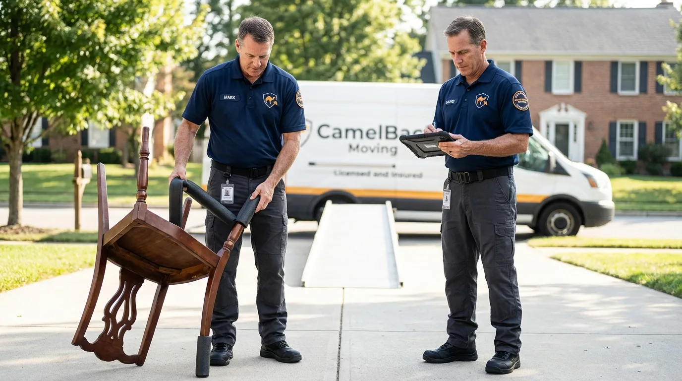 Movers inspecting furniture for damage prevention before loading in Warren, MA