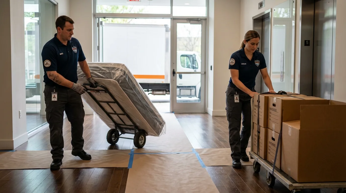 Professional apartment movers loading elevator in Warren, MA