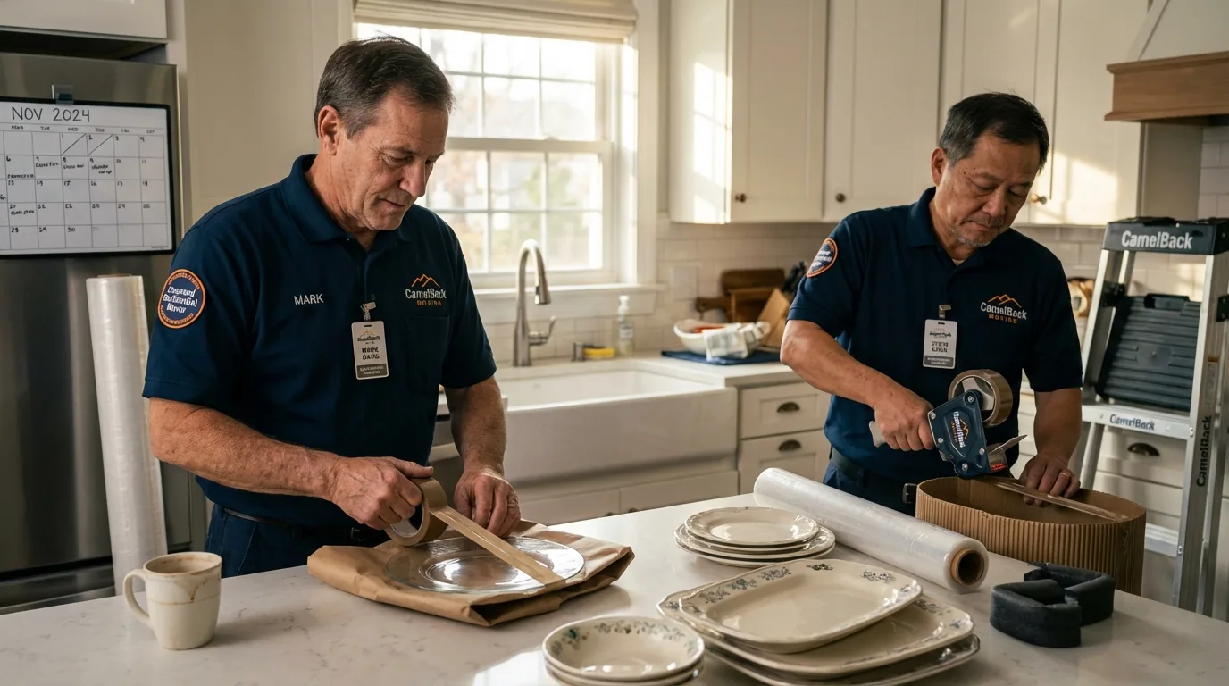 Professional crew packing kitchen dishware in Warren, MA
